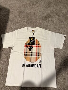 Bape White Tee with Beige Plaid Ape Head